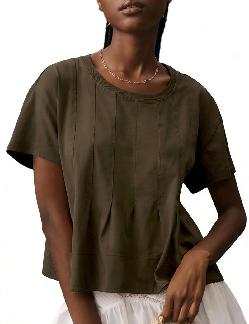 OPCAKM Cute Tops for Women Summer Pleated Swing T-Shirt Casual Babydoll Peplum Tops Lightweight Flowy Loose Fit Tee(Brown-M) - Image 1