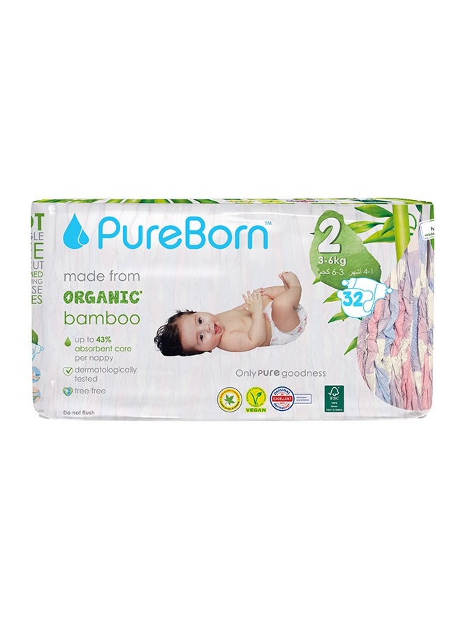 PureBorn حفاضات عضوية من الخيزران حجم 2 3-6 كجم 32 قطعة - Image 2
