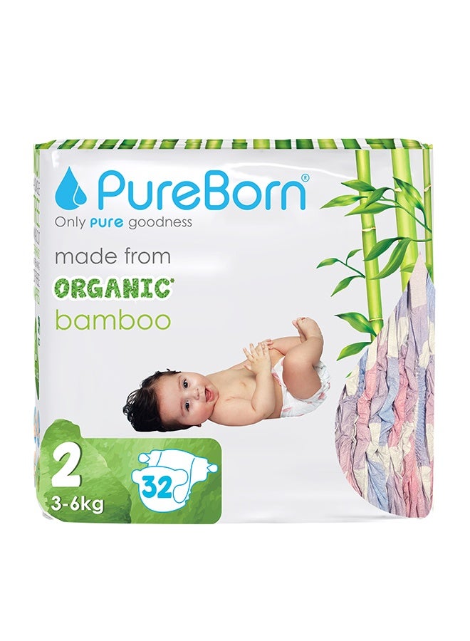 PureBorn Organic Bamboo Size 2 Diapers  3-6Kg 32 Count