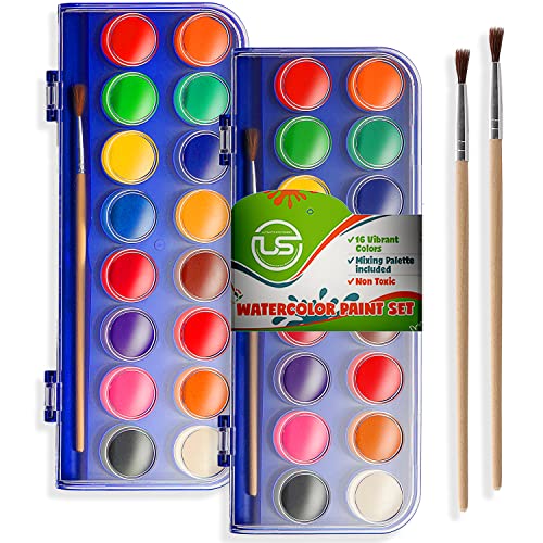 2 Packs of 16 Vivid Colors Washable Watercolor Paint Set Includes Watercolour Mixing Palette and 2 Brushes Perfect For Artists Beginner Painters Kids and Adult Painting