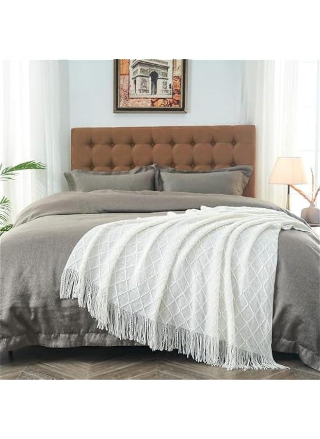 HOOKOR - Knitted Throw Blankets for Couch and Bed, Soft Cozy Knit Blanket with Tassel, Lightweight Decorative Blankets and Throws, Farmhouse Warm Woven Blanket for Men and Women (White, 130x180CM) - Image 1