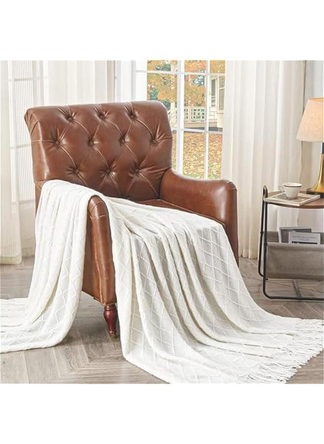 HOOKOR - Knitted Throw Blankets for Couch and Bed, Soft Cozy Knit Blanket with Tassel, Lightweight Decorative Blankets and Throws, Farmhouse Warm Woven Blanket for Men and Women (White, 130x180CM) - Image 1