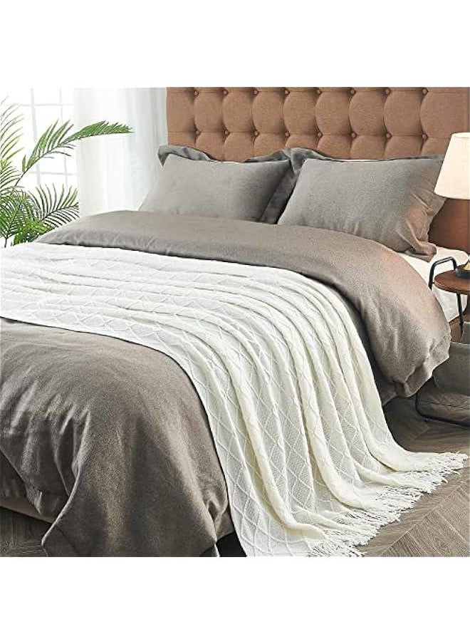 HOOKOR - Knitted Throw Blankets for Couch and Bed, Soft Cozy Knit Blanket with Tassel, Lightweight Decorative Blankets and Throws, Farmhouse Warm Woven Blanket for Men and Women (White, 130x180CM) - Image 1