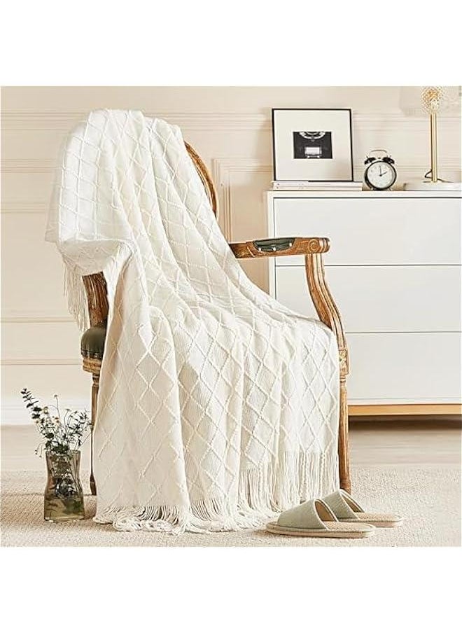 HOOKOR - Knitted Throw Blankets for Couch and Bed, Soft Cozy Knit Blanket with Tassel, Lightweight Decorative Blankets and Throws, Farmhouse Warm Woven Blanket for Men and Women (White, 130x180CM) - Image 1