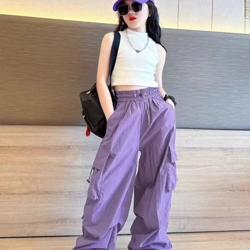 Girls' Pants Summer Style Medium And Large Children'S Style Cargo Pants Children'S Casual Versatile Loose Tight Waist Pants - Image 5