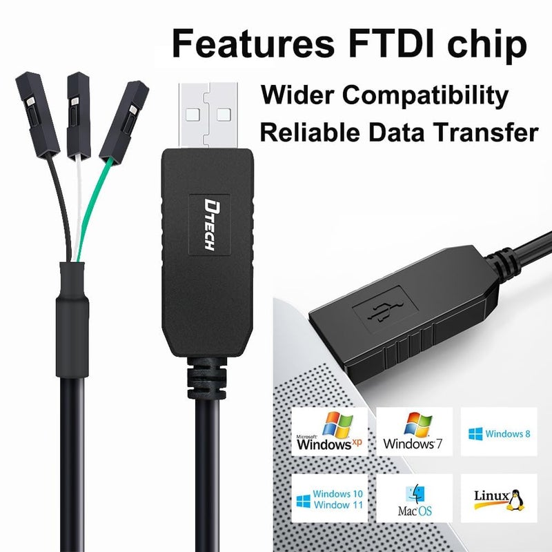 D-tech USB to TTL Serial Cable 3.3V 3 Pin TX RX Signal UART Adapter Debug Cord Compatible with Windows 11 10 8 7 Linux MAC OS Genuine FT232RL Chip 3Pin 3v3 2.54mm Dupont Female Header (1.8M) - Image 2