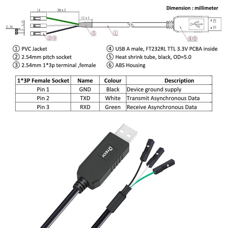 D-tech USB to TTL Serial Cable 3.3V 3 Pin TX RX Signal UART Adapter Debug Cord Compatible with Windows 11 10 8 7 Linux MAC OS Genuine FT232RL Chip 3Pin 3v3 2.54mm Dupont Female Header (1.8M) - Image 3