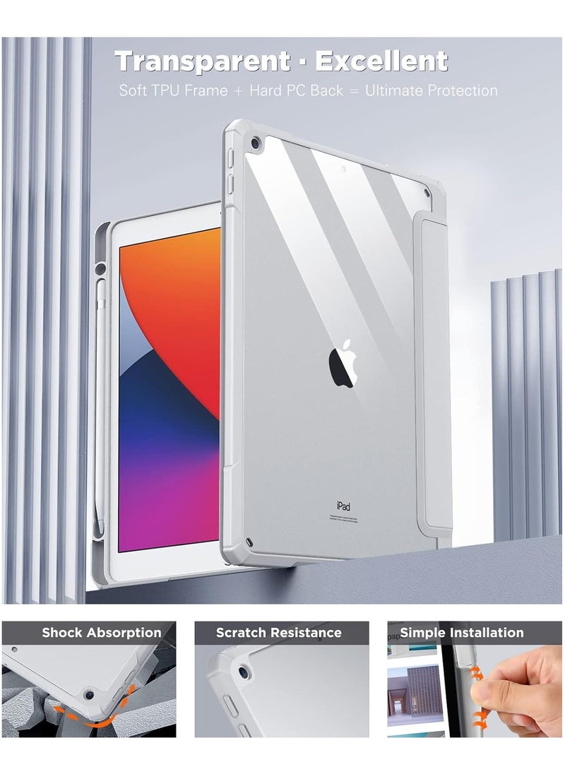 Case for iPad 9th Generation 2021/iPad 8th Generation 2020/iPad 7th Generation 2019 10.2 inch with Pencil Holder, Slim Protective Cover with Clear Back Shell, Auto Wake/Sleep, (Grey)