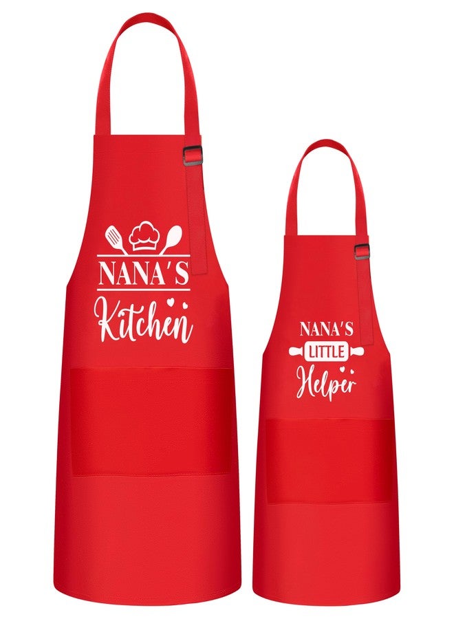 GROBRO7 2Pcs Kids Adult Apron Set Gift for Grandma Girls, Red Nana's Kitchen and Little Helper Pattern Adjustable Kitchen Aprons with 2 Pockets Waterproof Smocks for Baking Cooking Painting Training - Image 1