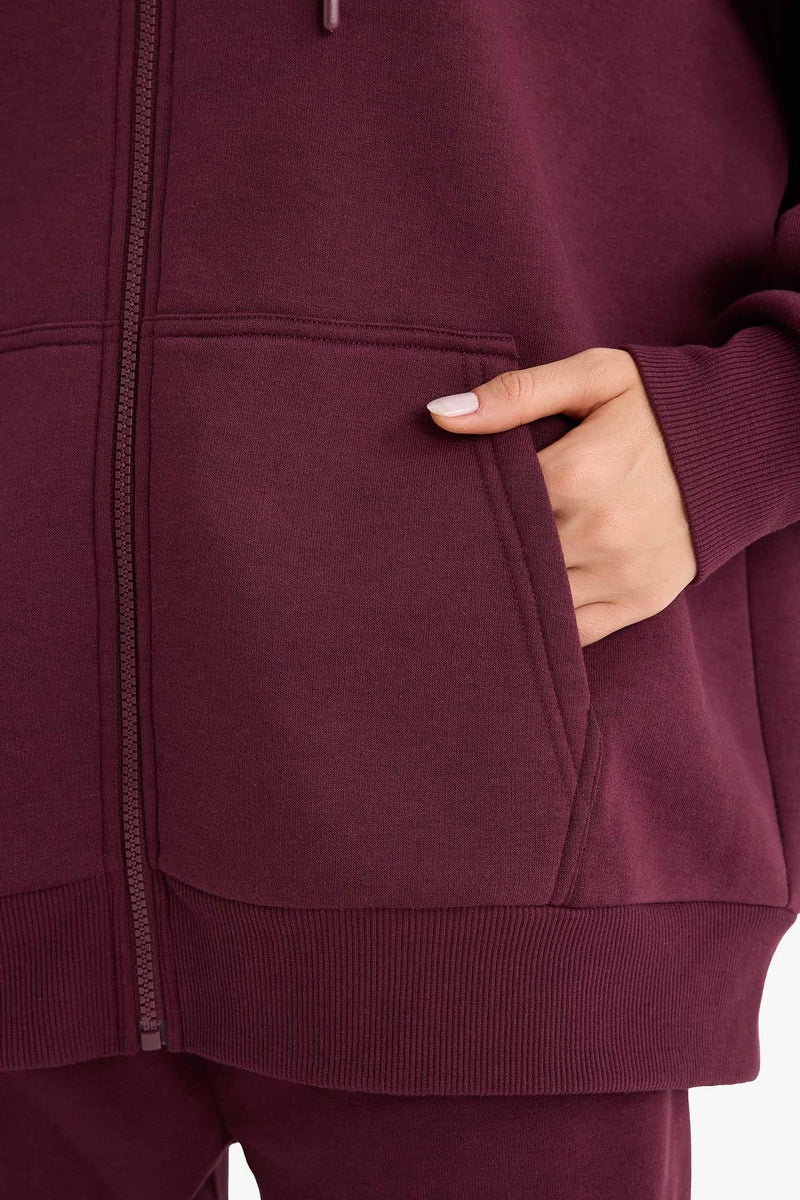 DeFacto Red Woman Oversize Fit Hooded Thick Sweatshirt Fabric Cardigan Casual - Image 3