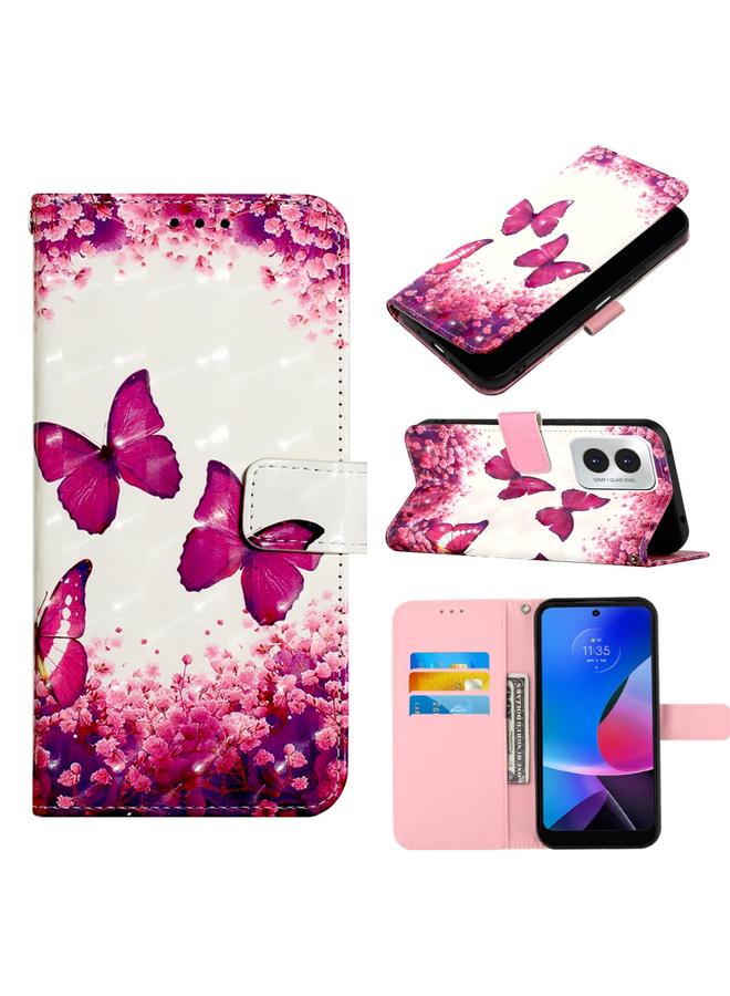 جراب جلدي قابل للطي أفقيًا برسومات ثلاثية الأبعاد لهاتف Motorola Moto G Play 4G 2024 (فراشة وردية)