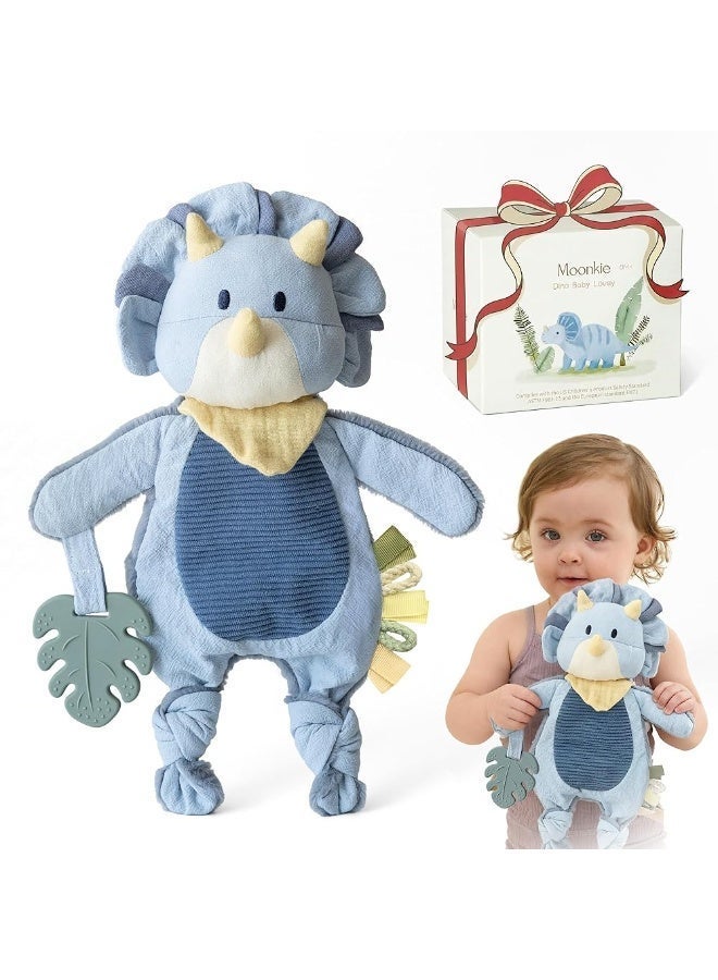Moonkie Dinosaur Baby Lovey with Silicone Teether | Soft Security Blanket & Sensory Crinkle Toy for Newborn Boys | Baby Shower & Birthday Gift - Image 1