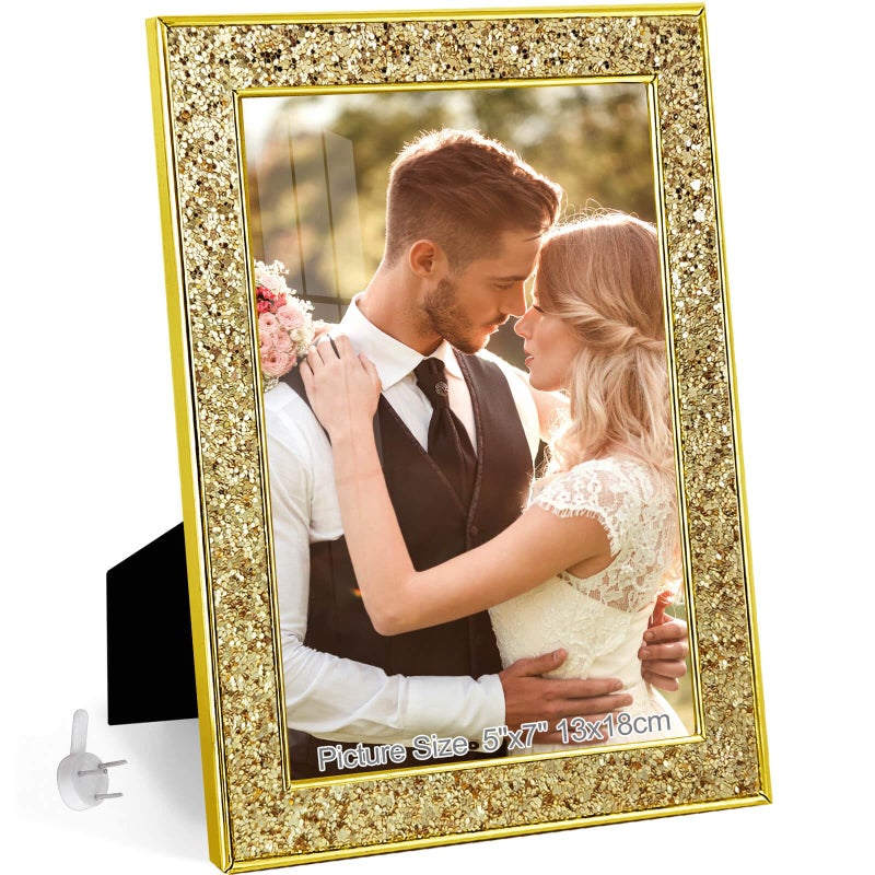 HIKWADERY 5x7 Picture Frame Glitter  Gold Bling 5 by 7 Photo Frames with HD Real Glass  for Wall or Tabletop Display (5 x 7  Gold) - Image 1