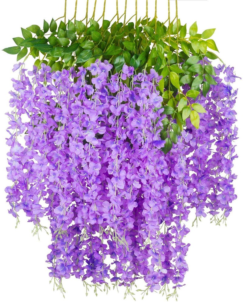 VRCT 12pcs Artificial Wisteria Flowers 36 FeetPiece Purple Dense Artificial Fake Wisteria Vine Ratta Hanging Garland Silk Flowers String Home Party Wedding Decor Purple - Image 3