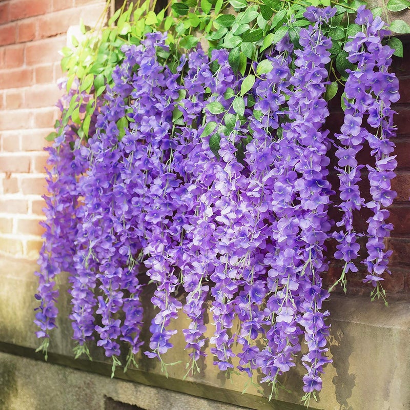 VRCT 12pcs Artificial Wisteria Flowers 36 FeetPiece Purple Dense Artificial Fake Wisteria Vine Ratta Hanging Garland Silk Flowers String Home Party Wedding Decor Purple - Image 1