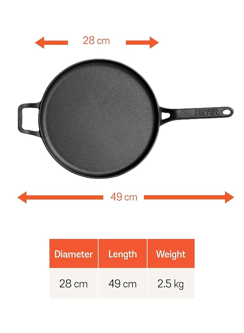 MEYER Meyer Pre-Seasoned Cast Iron Flat Dosa, Roti, Chapati Tawa Pan with Stick Handle, Dosa Kallu, Iron Tawa Big Size | Pre-Seasoned Iron Cookware | Gas and Induction Compatible | 28cm, Black  - Image 4