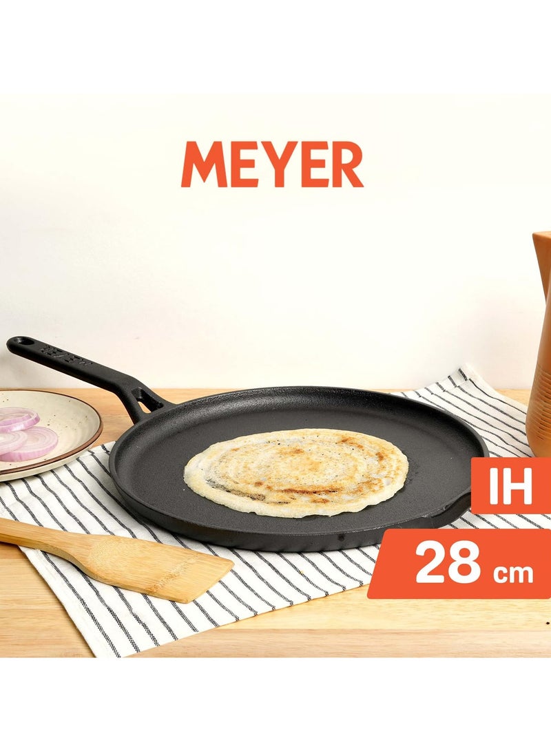 MEYER Meyer Pre-Seasoned Cast Iron Flat Dosa, Roti, Chapati Tawa Pan with Stick Handle, Dosa Kallu, Iron Tawa Big Size | Pre-Seasoned Iron Cookware | Gas and Induction Compatible | 28cm, Black  - Image 2