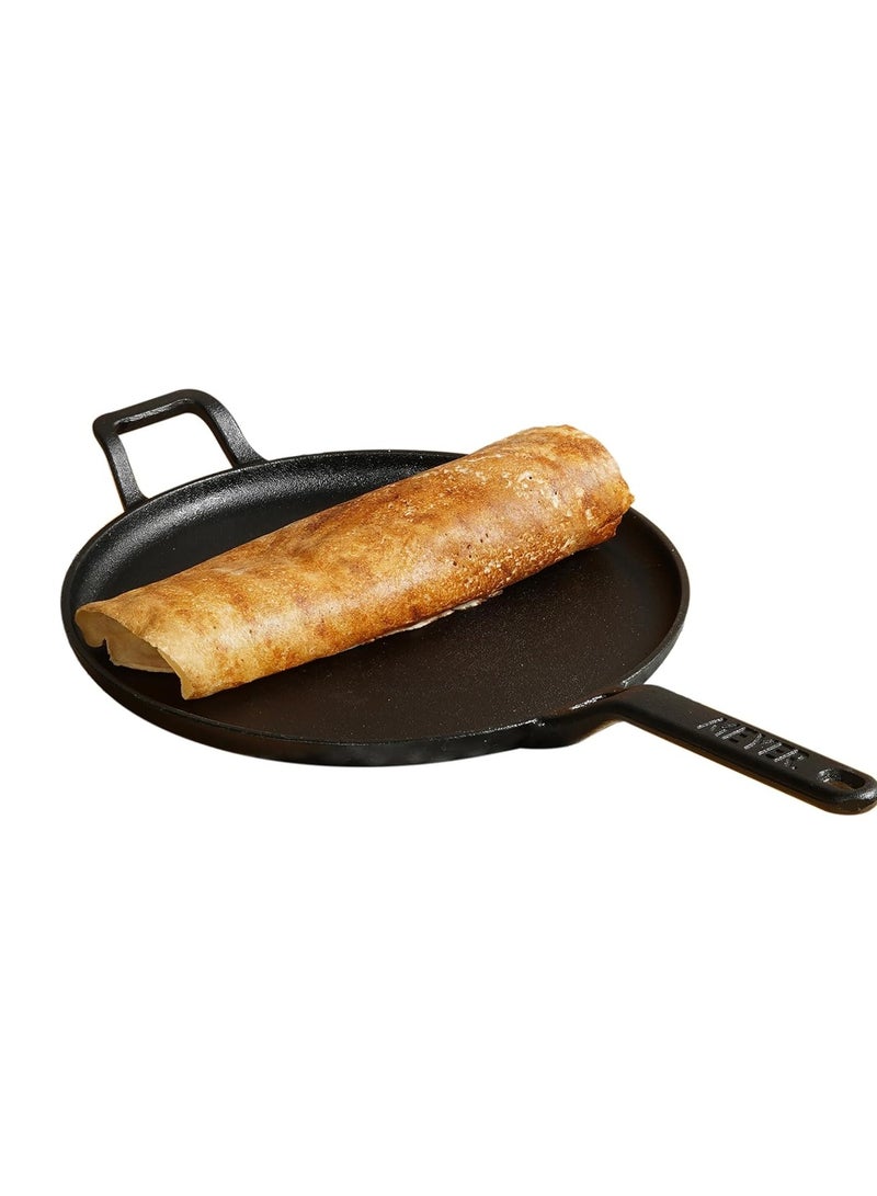 MEYER Meyer Pre-Seasoned Cast Iron Flat Dosa, Roti, Chapati Tawa Pan with Stick Handle, Dosa Kallu, Iron Tawa Big Size | Pre-Seasoned Iron Cookware | Gas and Induction Compatible | 28cm, Black  - Image 1