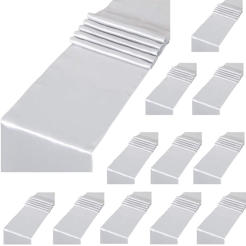 LuoluoHouse 12 Pack Silver Satin Table Runners 12 x 108 inches Long Silk Smooth Fabric for Wedding Birthday Banquet Graduations Party Decorations