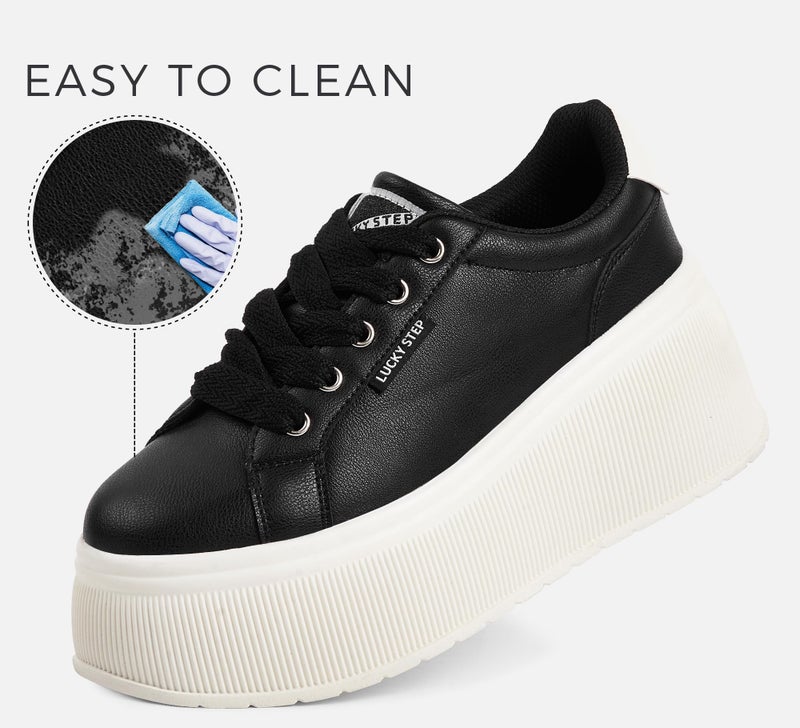 LUCKY STEP Women's Platform Fashion Sneakers Classic Wedge Canvas Casual Low Top Retro Walking Shoes(Black,8 B(M) US) - Image 3