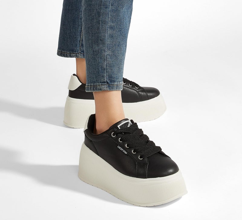 LUCKY STEP Women's Platform Fashion Sneakers Classic Wedge Canvas Casual Low Top Retro Walking Shoes(Black,8 B(M) US) - Image 2