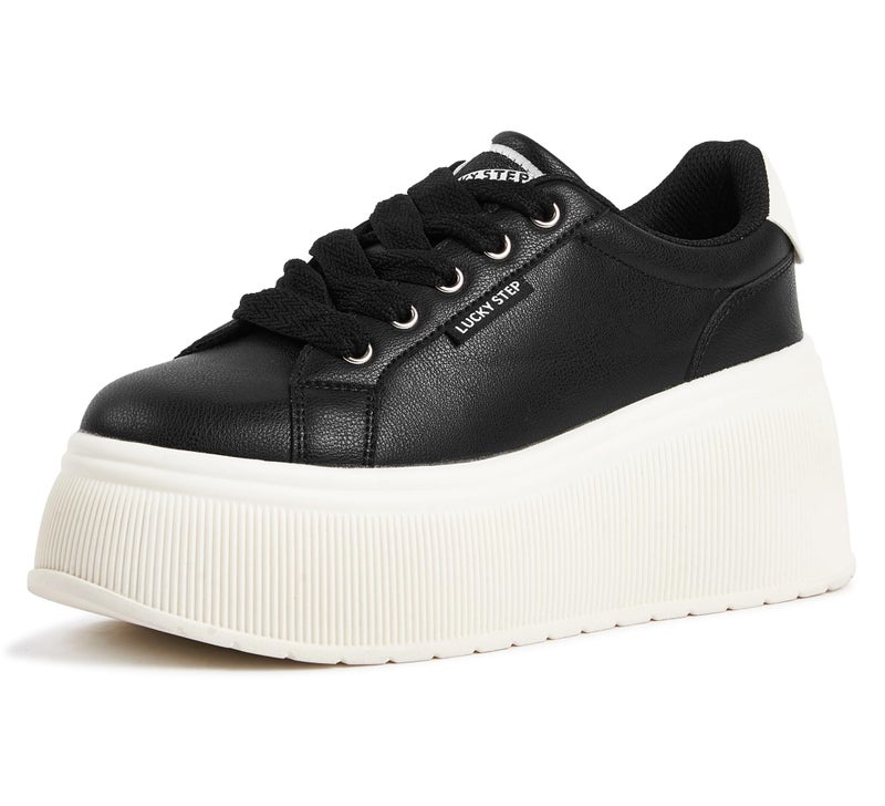 LUCKY STEP Women's Platform Fashion Sneakers Classic Wedge Canvas Casual Low Top Retro Walking Shoes(Black,8 B(M) US) - Image 1