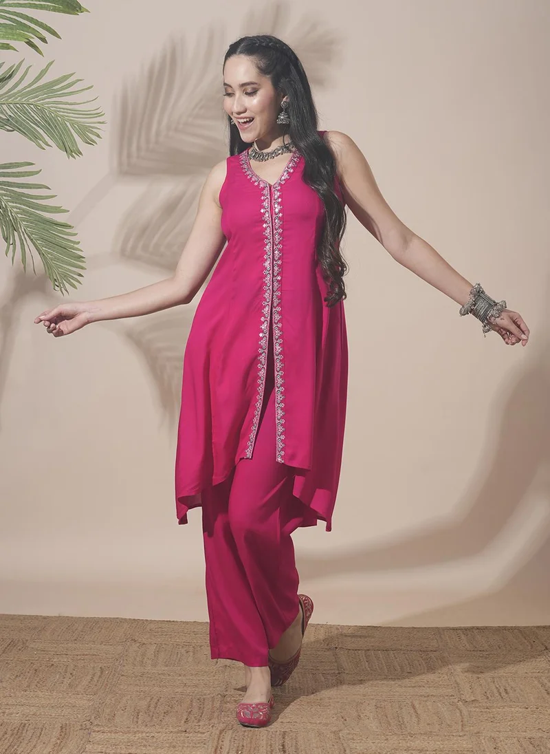 Globus Women's Pink V Neck Thread Work Detail High Low Hem Festive Kurta Set