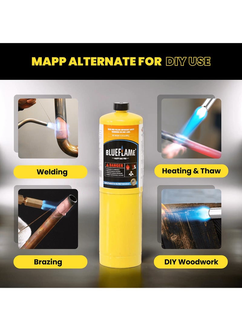 بلو فليم عبوة أسطوانات بديلة من BlueFlame MAPP مكونة من 6 قطع - بروبيلين عالي النقاء بنسبة 99.9% لحرارة فائقة - أكثر سخونة من خزانات البروبان القياسية - مثالية للحام واللحام باللحام والمطابخ الحديثة 14.1 أونصة - Image 2