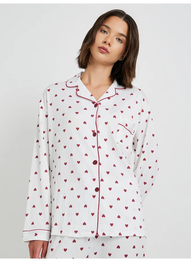 تايك تو Take Two Heart Printed Long Sleeve Shirt and Pyjama Set