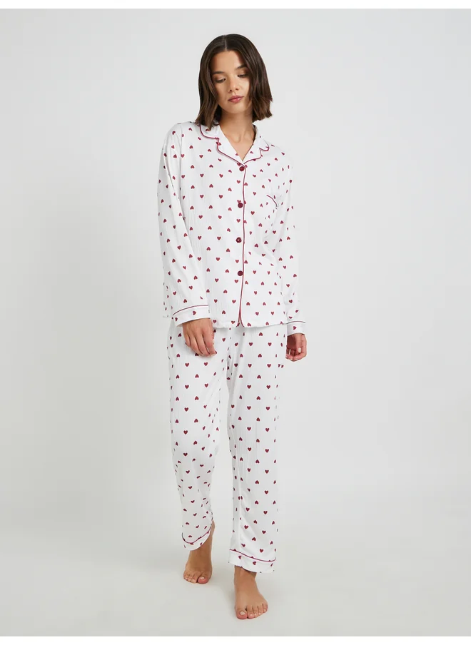 تايك تو Take Two Heart Printed Long Sleeve Shirt and Pyjama Set