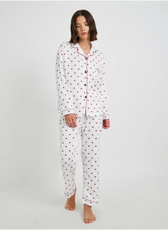 Take Two Take Two Heart Printed Long Sleeve Shirt and Pyjama Set