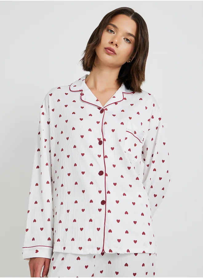 Take Two Take Two Heart Printed Long Sleeve Shirt and Pyjama Set