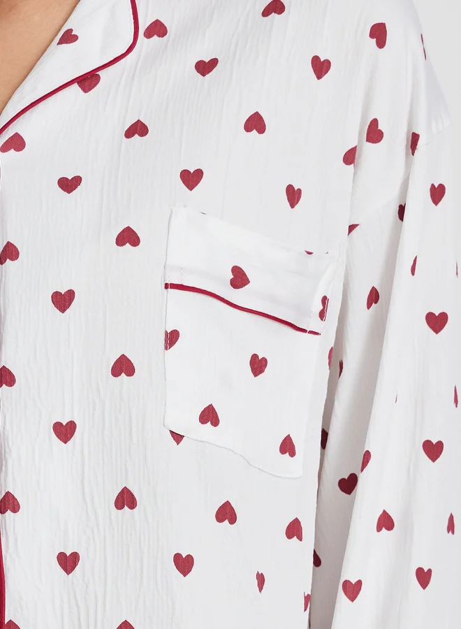 Take Two Take Two Heart Printed Long Sleeve Shirt and Pyjama Set