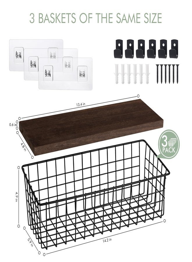 LIGHT DUST Wall Hanging Baskets 3 Pack, Diversified Wire Basket Shelves of Wooden Style, with Wall Mounted Hooks & Traceless Stickers, for Kitchen Coffee Bar Office Room Garage Storage Organization (Extra Large) - Image 2