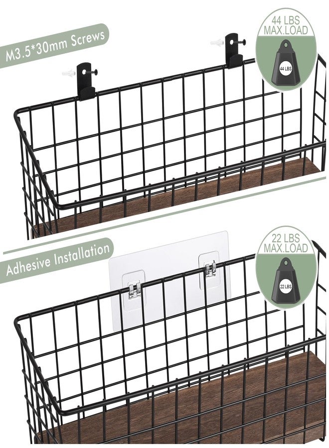 LIGHT DUST Wall Hanging Baskets 3 Pack, Diversified Wire Basket Shelves of Wooden Style, with Wall Mounted Hooks & Traceless Stickers, for Kitchen Coffee Bar Office Room Garage Storage Organization (Extra Large) - Image 3