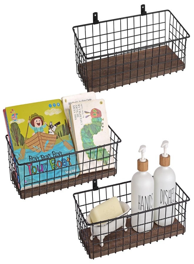 LIGHT DUST Wall Hanging Baskets 3 Pack, Diversified Wire Basket Shelves of Wooden Style, with Wall Mounted Hooks & Traceless Stickers, for Kitchen Coffee Bar Office Room Garage Storage Organization (Extra Large) - Image 1