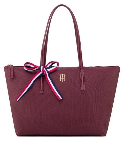 Tommy Hilfiger Women's Burgundy Tote Bags, Classic Fashion Versatile Signature Tape Large Capacity Shoulder Bag Handbag for Travel, Work, Gym,