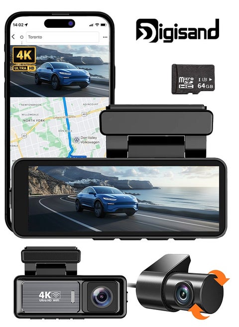 4K Dash Cam for Car Front and Back 3.2 Inch Screen 64GB Card Car Dash Camera with Built-in WiFi GPS, Night Vision, Video Recorder