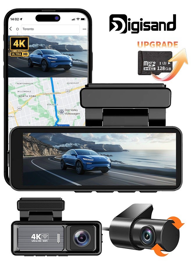 ديقيساند كاميرا 4K للسيارة الأمامية والخلفية بشاشة 3.2 بوصة وبطاقة 128 جيجابايت وكاميرا للسيارة مزودة بـ WiFi GPS مدمج ورؤية ليلية ومسجل فيديو - Image 1