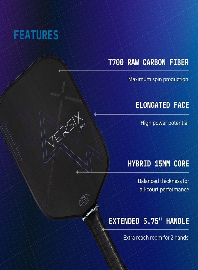 PickleballCentral VERSIX RAW Carbon Fiber Pickleball Paddle, Extended 5.75" Handle, Carbon Fiber, 7.9oz (Midweight), 15mm Core… - Image 2