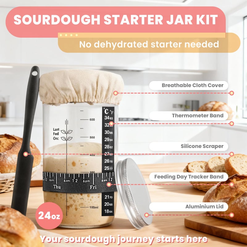 Swakik Complete Sourdough Starter Kit, Sourdough bread baking supplies, Great Gift Beginners Bread Makers 24oz Fermentation Jar 9" and 10" Silicone Banneton Bread Proofing Basket, sour dough Whisk,18 in 1 - Image 2