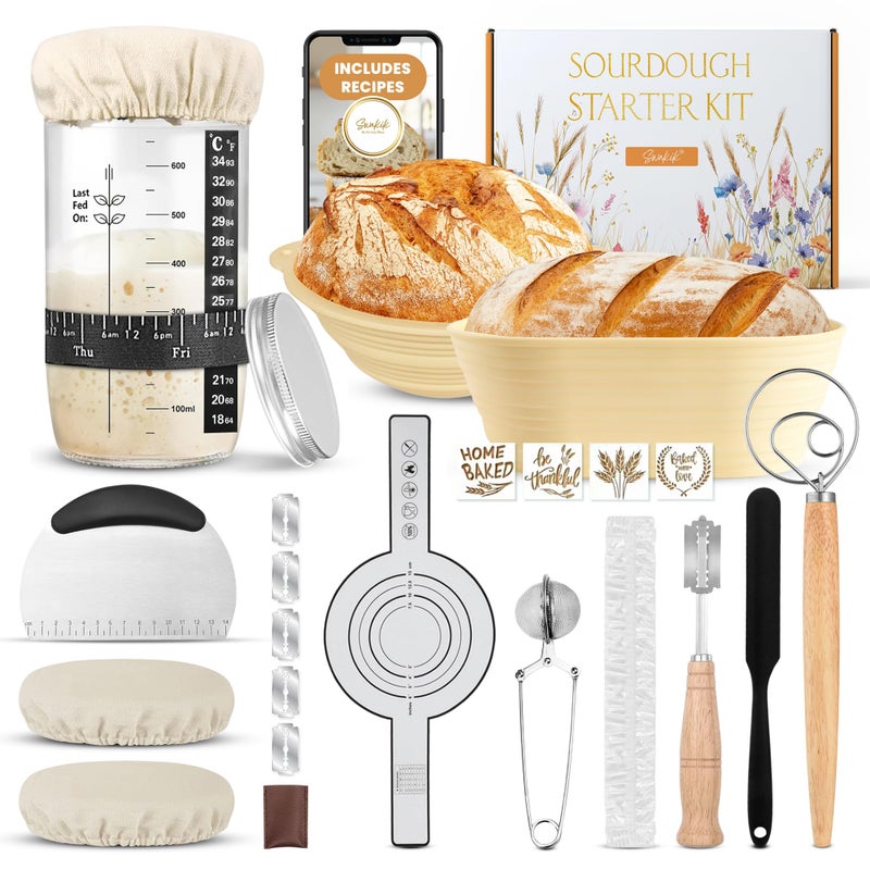 Swakik Complete Sourdough Starter Kit, Sourdough bread baking supplies, Great Gift Beginners Bread Makers 24oz Fermentation Jar 9" and 10" Silicone Banneton Bread Proofing Basket, sour dough Whisk,18 in 1 - Image 1