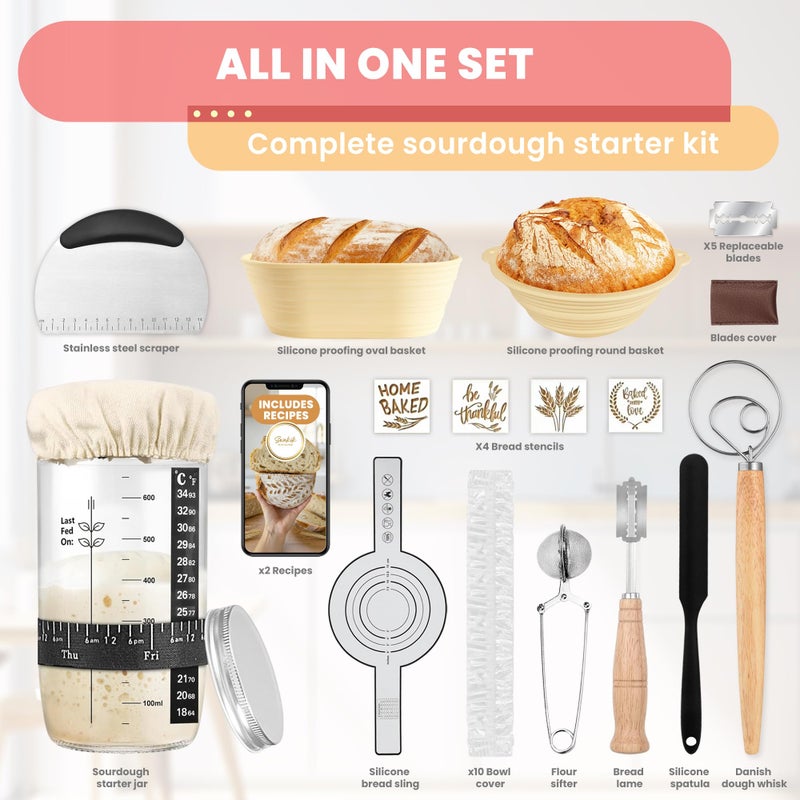 Swakik Complete Sourdough Starter Kit, Sourdough bread baking supplies, Great Gift Beginners Bread Makers 24oz Fermentation Jar 9" and 10" Silicone Banneton Bread Proofing Basket, sour dough Whisk,18 in 1 - Image 3