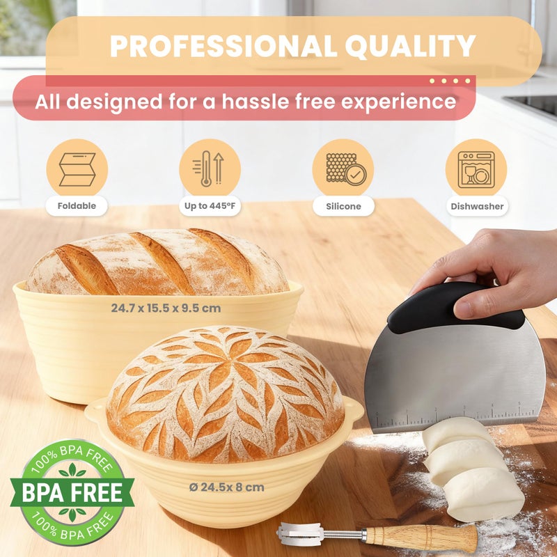 Swakik Complete Sourdough Starter Kit, Sourdough bread baking supplies, Great Gift Beginners Bread Makers 24oz Fermentation Jar 9" and 10" Silicone Banneton Bread Proofing Basket, sour dough Whisk,18 in 1 - Image 5