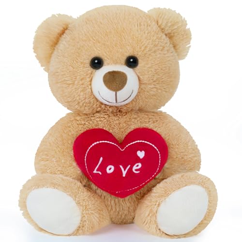 SNOWOLF Small Teddy Bear Cute Soft Stuffed Animal Plush Toy I Love You Bears Holding Red Heart for Baby Shower Kids Girls Girlfriend Christmas Valentines Day Wedding Anniversary Birthday Light Brown - Image 1