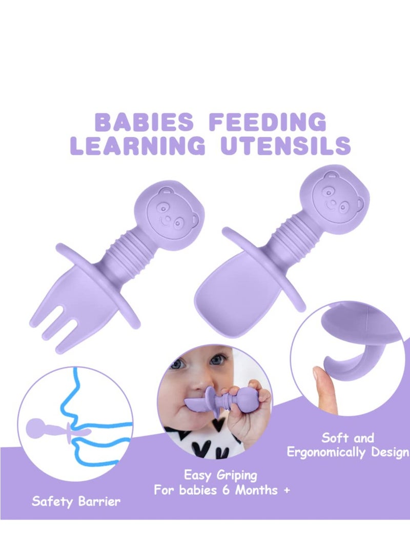 Bebiland 4PCS Baby Fork and Spoon Set, Silicone Self Feeding Utensil, Easy Grip Toddler Cutlery Kit, Baby Weaning and Feeding Spoons (Pink/Purple) - Image 4