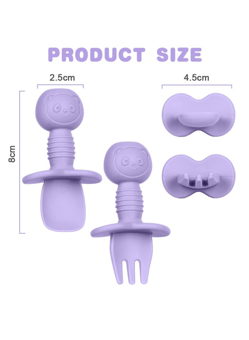 Bebiland 4PCS Baby Fork and Spoon Set, Silicone Self Feeding Utensil, Easy Grip Toddler Cutlery Kit, Baby Weaning and Feeding Spoons (Pink/Purple) - Image 2