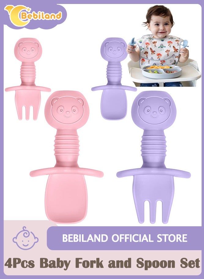 Bebiland 4PCS Baby Fork and Spoon Set, Silicone Self Feeding Utensil, Easy Grip Toddler Cutlery Kit, Baby Weaning and Feeding Spoons (Pink/Purple) - Image 1