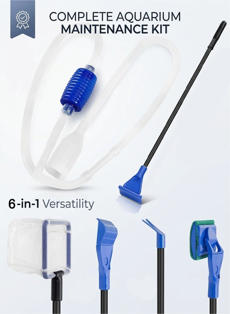 6-in-1 Aquarium Cleaning Kit Multifunctional Fish Tank Maintenance Set with Siphon Water Changer Algae Scraper Fish Net Gravel Rake and Plant Fork - Professional Tools - Image 1