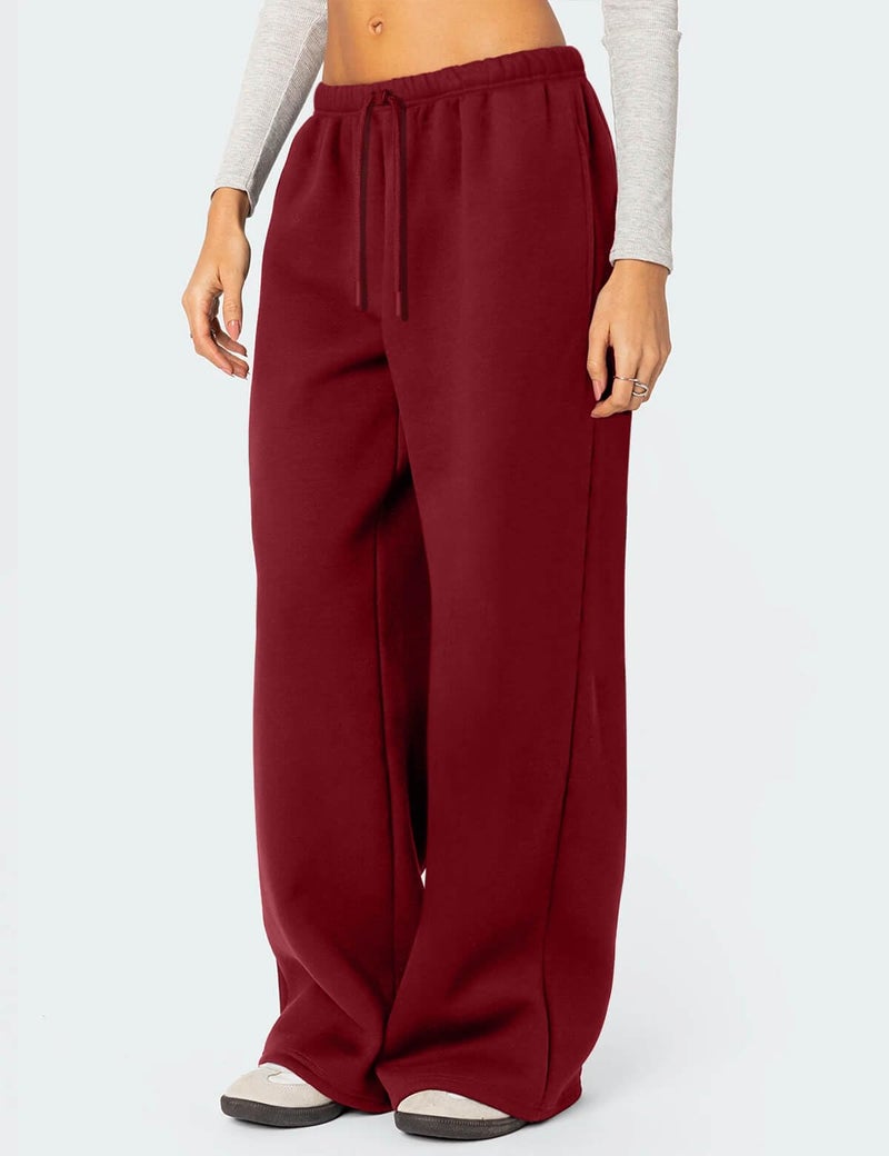 HeSaYep Women's Wide Leg Sweatpants Baggy Fleece Lined High Waisted Sweat Pants Straight Leg Casual Drawstring Pants with Pockets Wine Red XL - Image 3